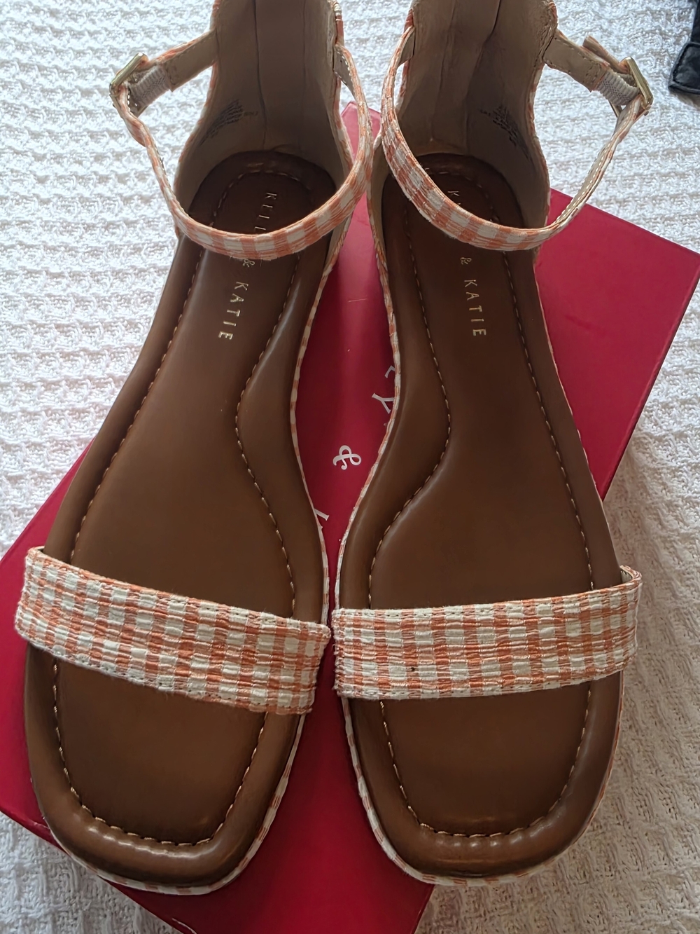 Kelly & Katie Peach Gingham Ankle-Strap Flat Sandals Size 8.5